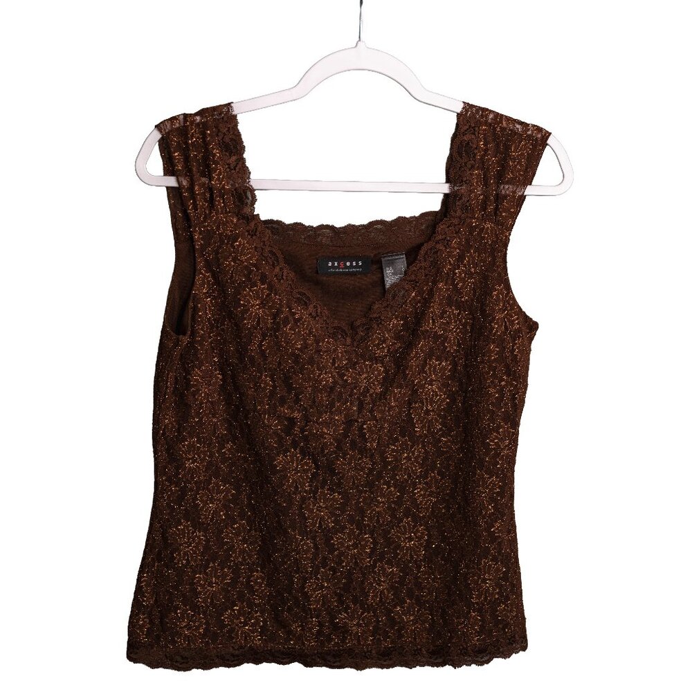 SALE AXCESS Liz Claiborne Brown Y2K Glitter Lace Tank Top - Large